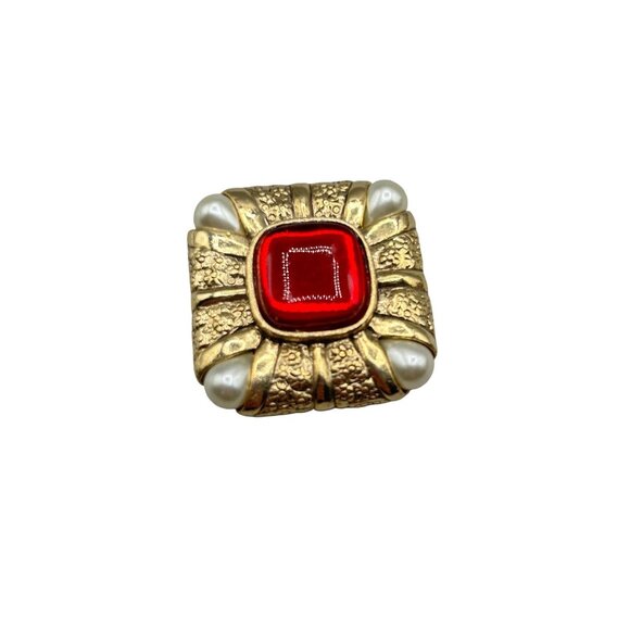 Vintage Red & Gold Brooch Square Design with Pearl Drops Corners Costume Jewelry - Picture 1 of 11